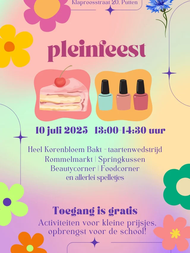 Het is bijna zover, de weersvoorspellingen zien er goed uit en wij hebben er zin in: donderdagmiddag is ons pleinfeest! Kom je ook? Van 🩷e welkom!! Geef je stem in de Heel Korenbloem Bakt wedstrijd, spring op het springkussen, kom naar de beautycorner, eet of drink wat lekkers in de foodcorner of sla je slag op de rommelmarkt… Zorg dat je erbij bent! ☀️